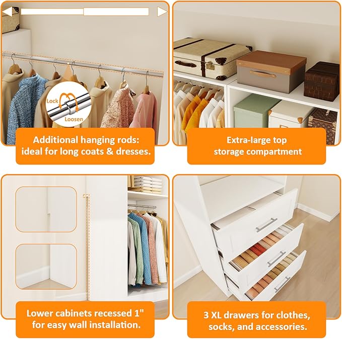 Closet System of 2 Sets with 3 Drawers & 4 Shelves & 4 Hanging Rods, 4FT-10FT Closet Organizer System, Walk in Closet, Modular Closet System White (4FT)