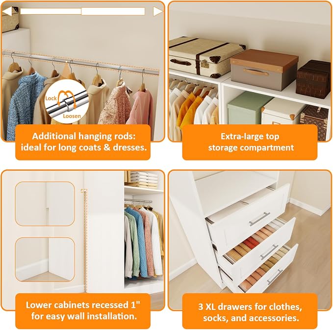 Closet System of 4 Sets with 6 Drawers & 8 Shelves & 8 Hanging Rods, 8FT-20FT Closet Organizer System, Walk in Closet, Modular Closet System White ( 8FT)