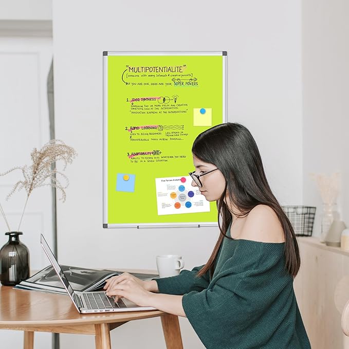WALGLASS Magnetic Whiteboard 24"x18" Dry Erase White Board for Walls with Pen Tray, Aluminium Frame and Dry-Wipe Writing Surface for Drawing, Home, and Office (Green)