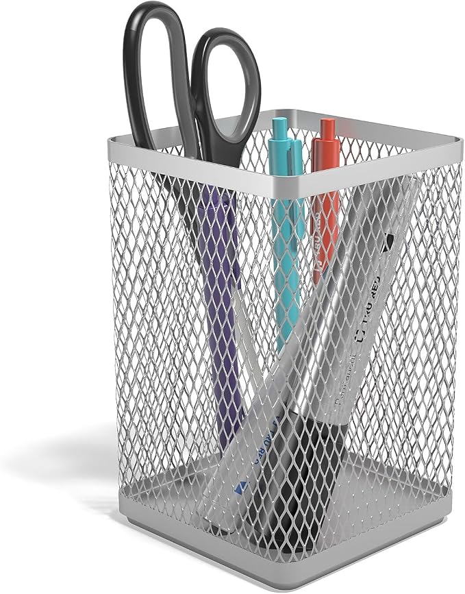 TRU RED Stackable Wire Mesh Jumbo Pencil Holder, Silver, 3‑Pack – Large Desktop Organizer for Pens, Markers & Office Supplies