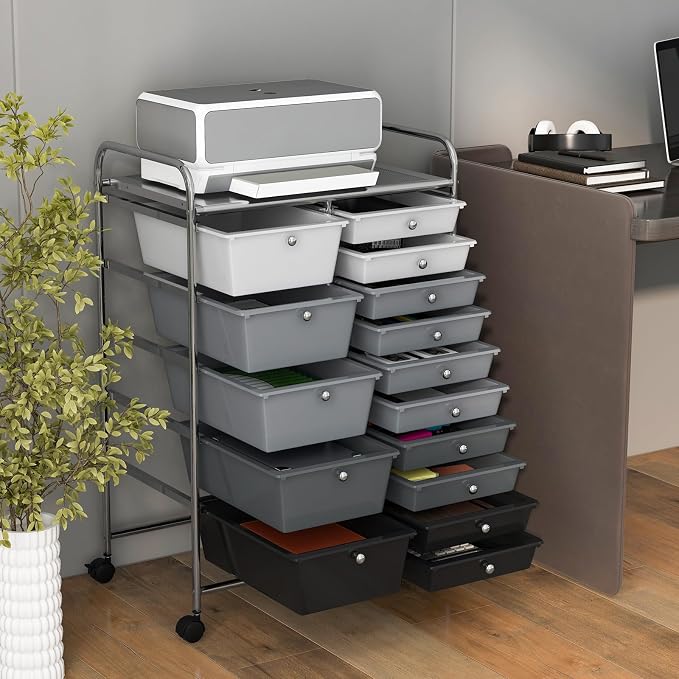 DREAMADE Rolling Cart with 15 Drawers, Rolling Drawer Organizer Cart w/Lockable Wheels, Removable & 2-Sized Storage Drawers, Art Cart for School Home Art Supplies Crafts File Scrapbook (Mixed-black)