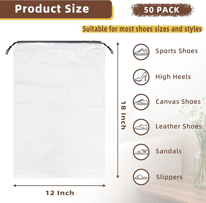 50 Pack Clear Shoe Bags for Travel, 12"x18" Large Travel Shoe Bags for Storage and Packing, Waterproof Drawstring Shoe Bag for Traveling, Bulk Travel Essentials for Men and Women