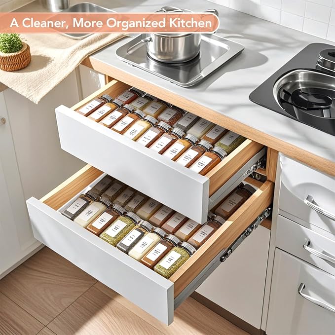 Adjustable 3-Tier Drawer Spice Organizer – Thick Plastic, Non-Slip, Fits 11"-22" Kitchen Drawers, Includes Labels & Funnel (No Jars)