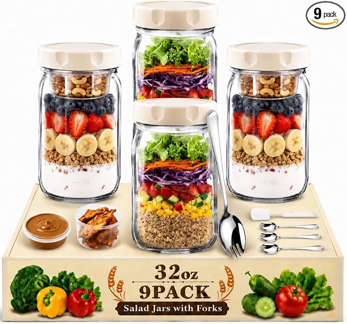 9Pack Salad Meal Prep Containers, 32oz Large Glass Salad Jars with Lids Meal Prep with 4 Forks, Leakproof Salad Container for Lunch with Separate Wet/Dry Dressing Cups for Home, Office and Outdoor
