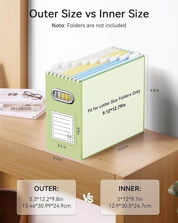 Oterri File Organizer Box, Portable Collapsible Cardboard File Folder Organizer with Handle for Letter Size Hanging Files, Document Storage Box for Home Office & Classroom (8 Packs, Green)