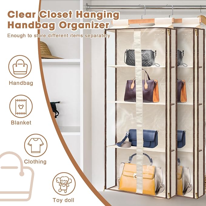 Silkfly 2 Pack Hanging Purse Organizer for Closet Clear Handbag Storage Hanger with Zipper Holder over The Door Wardrobe Tote Bag Storage Holder for Bedrooms Living Room