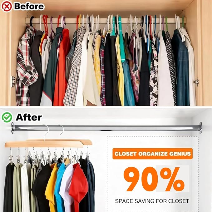 Closet Organizer with 12 Clips, Space Saving Hanging Closet Storage for Hats, Scarves, Jeans, Skirts, Socks, Pants, Multi-Purpose Clip Hanger(Wood TypeA*2)