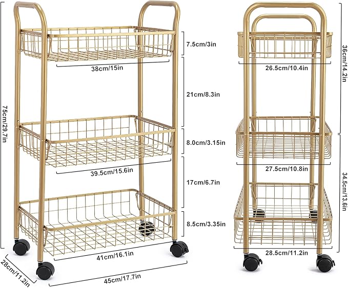 3 Tier Mesh Rolling Utility Cart, Gold Metal Organization Cart with Lockable Wheels, Multifunctional Storage Trolley Service Cart for Kitchen Living Room Office Salon