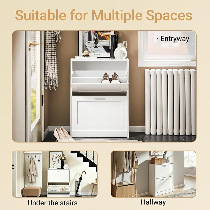 Haotian Shoe Cabinet Storage for Entryway | Narrow Shoe Cabinet with Two Flip Drawers to Save Space, Shoe Rack Cabinet for Front Door Entrance Hallway (White)