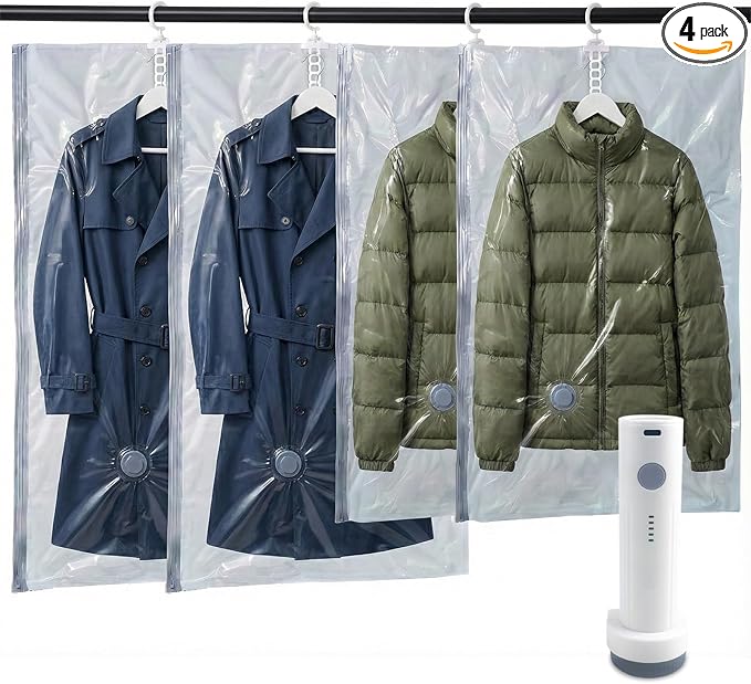 4 Pack Hanging Vacuum Storage Bags with Electric Pump (2 Long 2 Short), Vacuum Seal Space Saver for Suits, Jackets, Coats, Closet Organization (4)