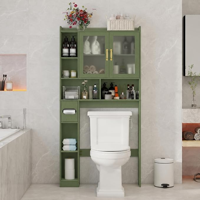 Vabches Over The Toilet Storage Cabinet, Farmhouse Storage Cabinet Over Toilet with Acrylic Doors，Home Space-Saving Toilet Rack, for Bathroom, Restroom, Laundry, Green
