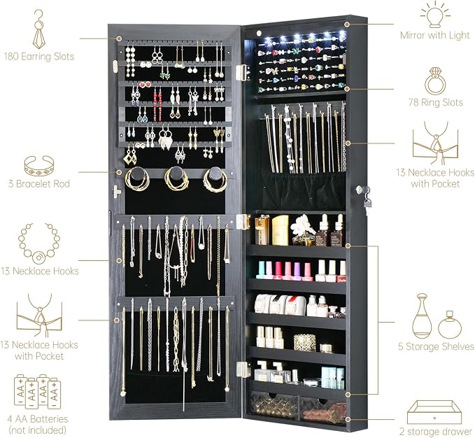 LED Jewelry Cabinet Armoire Organizer,Wall/Door Mount Jewelry Organizer and Storage with Full-Length Mirror Hanging Jewelry Organizer Full Length Mirror with Storage Large Capacity Black