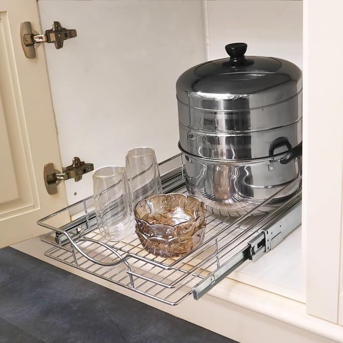 Sikarou Pull Out Cabinet Organizer 11" W x 21" D, Heavy Duty Kitchen Cabinet Pull Out Shelves, Slide Out Wire Basket for Kitchen Cabinets, Bathroom, Pantry, Chrome Finish