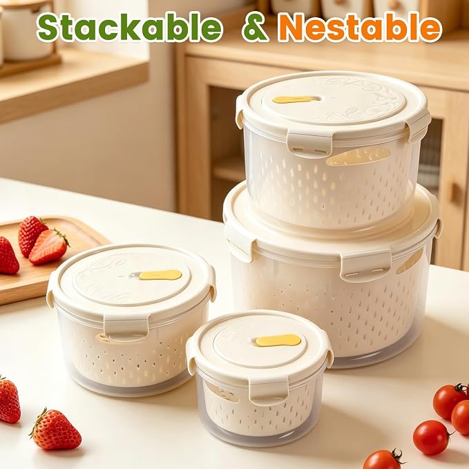 8 Pieces Airtight Fruit Storage Containers for Fridge with Air Circulation Vent, 4 Pack Round Produce Saver with Colander for Berry Lettuce Salad Vegetable Storage, Refrigerator Organizers -White