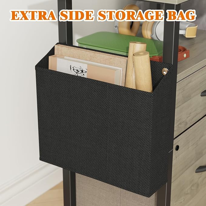 GYIIYUO 2 Drawer File Cabinet with 24'' Extended Desktop, Mobile | Rolling Filing Cabinet, Side Bag, Fits A4/Letter Size, Rolling Printer Stand, Home Office, Fabric Drawer, Oak Grey