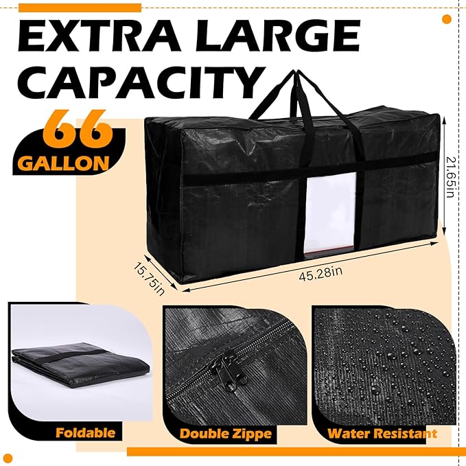 4 Pack 66 Gallon Extra Large Moving Bags with Visible Window XXL Heavy Duty Storage Bag Jumbo Big Tote for College Dorm Clothes Blankets Space Saving Alternative to Moving Boxes(Black)