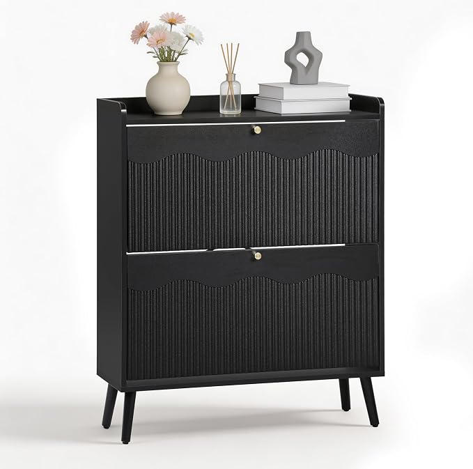BERRYMERRY 31.5” Fluted Shoe Cabinet Storage with 2 Flip Drawers,Freestanding Narrow Shoe Storage Organizer Cabinet with Wave Profile for Entryway,Hallway,Living Room (2 Drawers Black)