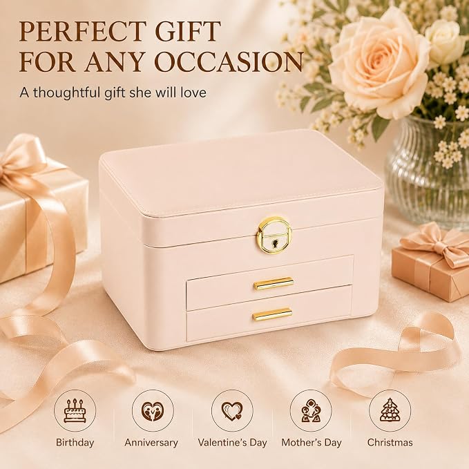 Jewelry Box for Women, Large Dresser Top Organizer with 3 Layers & 2 Drawers, PU Leather Storage Case for Earrings, Necklaces, Rings, Giftable Vanity Box (Cream white)