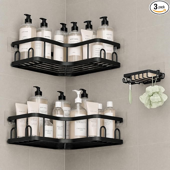 Veken Corner Adhesive Shower Caddy 3-Pack with Soap Holder&Hooks,No Drilling Shower Shelves,Rustproof & Waterproof Bathroom Organizers and Storage,Rack for Small Spaces, Kitchen&Rental-Friendly,Black