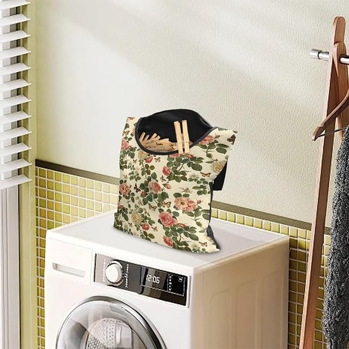 Art Flowers Clothespin Pouch Clothespin Bag with Hanging Hook Waterproof Clothes Pin Hanging Bag Space-Saving Clothespin Storage Organize Clothespin Bag for Clothesline Outdoor