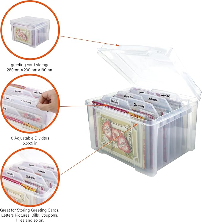 Greeting Card Storage & Organizer Box with 6 Removable Dividers for Holiday Birthday Get Well Cards Photos, Crafts, Scrapbooking(Clear)
