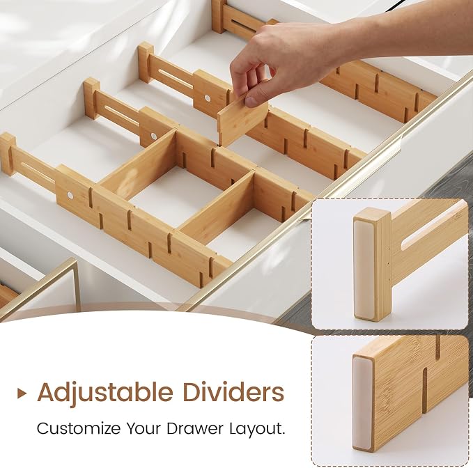 Bamboo Drawer Dividers 8 Pack with Inserts, Kitchen Adjustable Drawer Organizers for Home, Bedroom, Dresser, Expandable Organization 8 Dividers with 16 Inserts