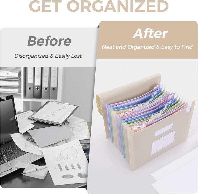 SKYDUE 13 Pocket Expanding File Folder, Accordion Document Organizer with Monthly Labels, A4 & Letter Size for Tax Records, Medical Files, Receipts, Home Office Brown