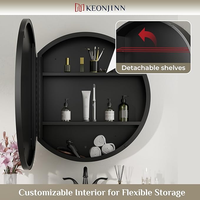 Keonjinn 20 Inch Round Medicine Cabinet with Mirror, Black Medicine Cabinet with Mirrors, Circular Surface Mount Medicine Cabinets, Framed Farmhouse Bathroom Cabinet with Adjustable Shelves