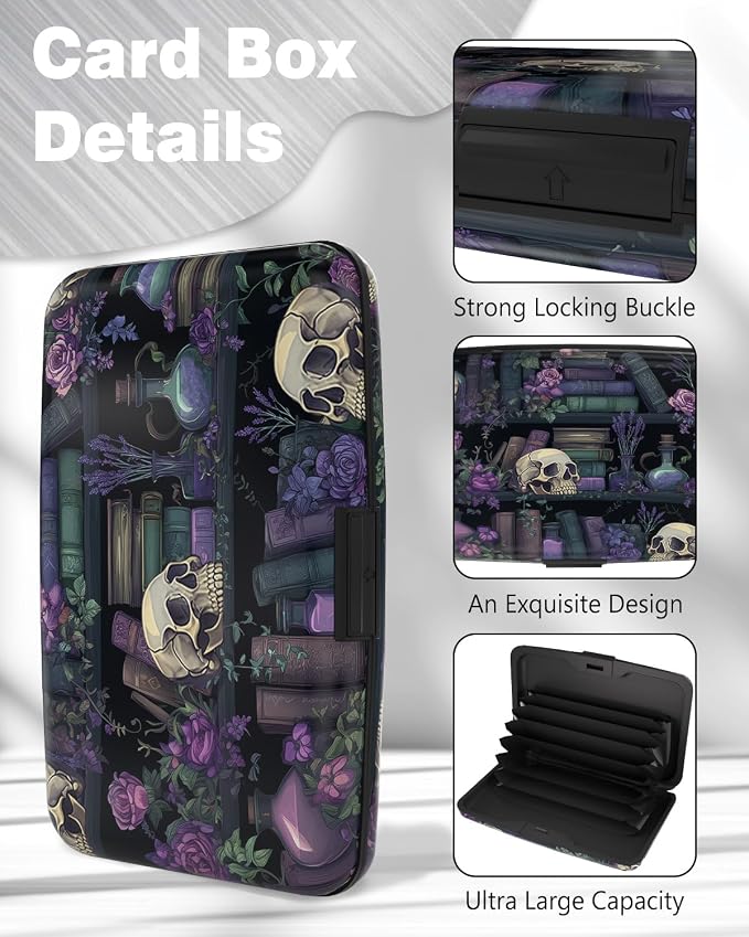 Maicican Credit Card Holder, Mini RFID Blocking Aluminum Wallet | Slim Metal Hard Case Travel Wallet ID Case for Women and Men, 4.3 x 2.9 Inches, Purple Flowers and Skulls