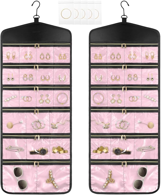 CHICECO Hanging Jewelry Organizer With Zippered Pockets,40 Pockets Travel Jewelry Organizer Storage for Cloest,Wall,Door (Pink)