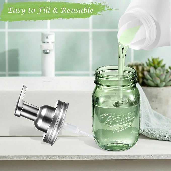 Amolliar Green Glass Mason Jar Foaming Soap Dispenser, 16OZ Hand Soap Dispenser, Plastic Pump & Stainless Steel Lid & Lable, Kitchen Dish Soap Bathroom Accessories Set, Soap Pump Bottle, Silver 2 Pack