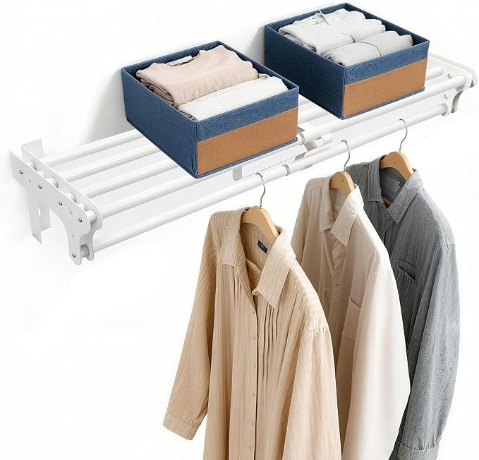 Steel Closet Shelf with Hanging Rod, 52-95'' Expandable Closet Shelves | Back Wall & Side Wall Mounted, Heavy Duty Storage Rack Holds 220 lbs, Adjustable DIY Closet Rod with Shelf Divider Separator