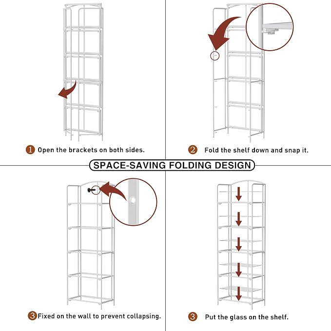 Crofy 5-Tier Foldable Bookshelf, White Frame & Transparent Shelves | No-Assembly Collapsible Portable Storage Organizer; Sturdy Transparent Shelves; Ideal for Living Room & Home Office