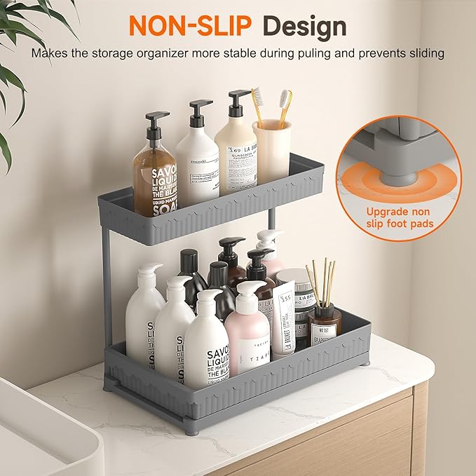 Sevenblue 3 Pack Multi-Purpose Under Sink Organizers and Storage, 2026 L-Shaped Pull Out Cabinet Organizer for Bathroom & Kitchen, Under Cabinet Organizer with Hooks Hanging Cup (Grey, 12.85 inch)