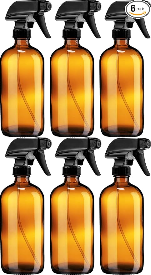 Sally's Organics Empty Amber Glass Spray Bottle - Large 16 oz Refillable Container for Essential Oils, Cleaning Products, or Aromatherapy - Black Trigger Sprayer w/Mist and Stream Settings - 6 Pack