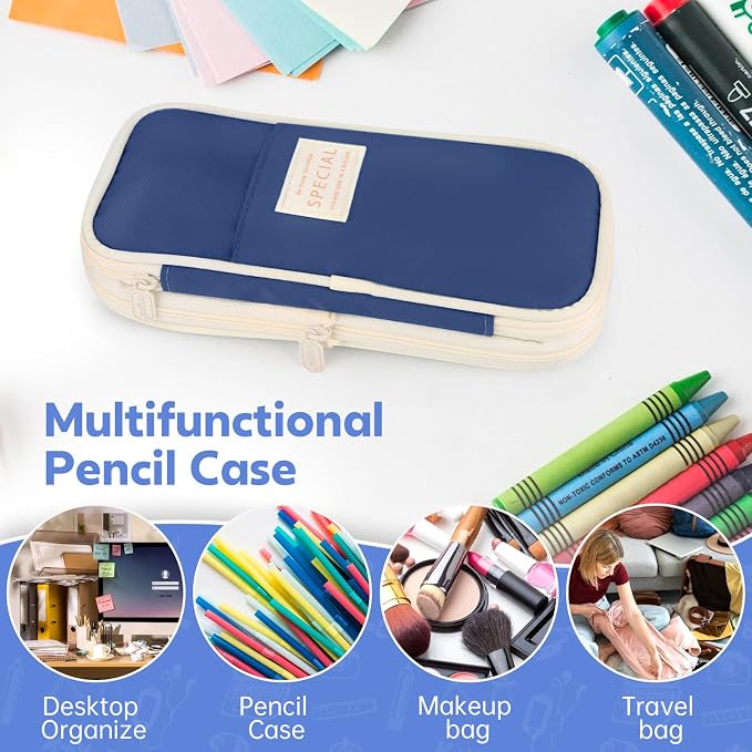 Pencil Case, Large Capacity Aesthetic Pencil Cases with Durable Zipper, Big Stationery Pencil Pouch for Women & Men , Adults Portable Storage Organizer Bag for College, office, Travel (Dark Blue)