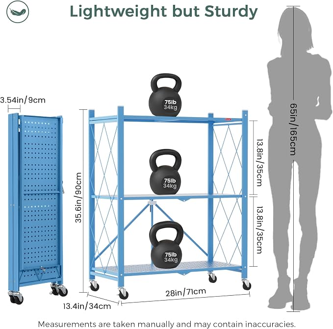 DEANIC 3 Tier Foldable Storage Shelves with Wheels, Kitchen Appliance Stand, Freestanding Metal Wire Shelf Rack, No Assembly Organizer Rolling Cart for Garage, Basement, Pantry(Blue)