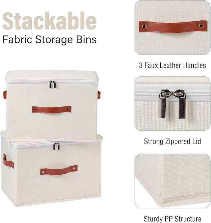 3PCS Storage Bins Boxes with Zippered Lids Cotton Linen Fabric Decorative Basket PU Leather Handles PP Plastic Board Foldable Lidded Clothing Shelf Closet Organizer Container (Beige, Large)
