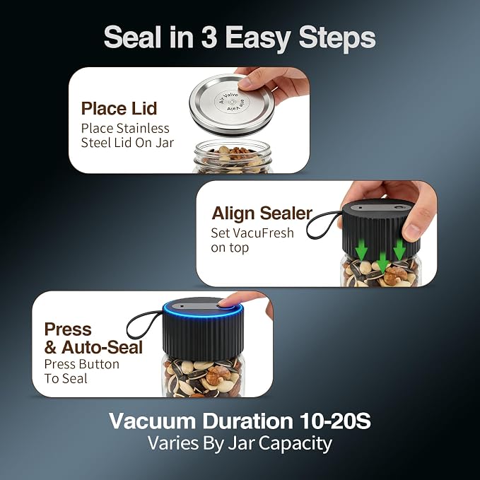Electric Mason Jar Vacuum Sealer Kit, Portable 3-in-1 Handheld Food Sealer for Regular & Wide Mouth Jars, 60kPa Suction for Bags/Containers, Type-C Rechargeable (Black)