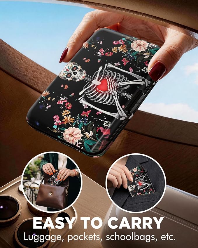 Maicican RFID Blocking Aluminum Credit Card Holder | Slim Metal Wallet for Women & Men, Business Card Case for Travel, Fits Front Pocket, Card holder wallet - Flower Skull