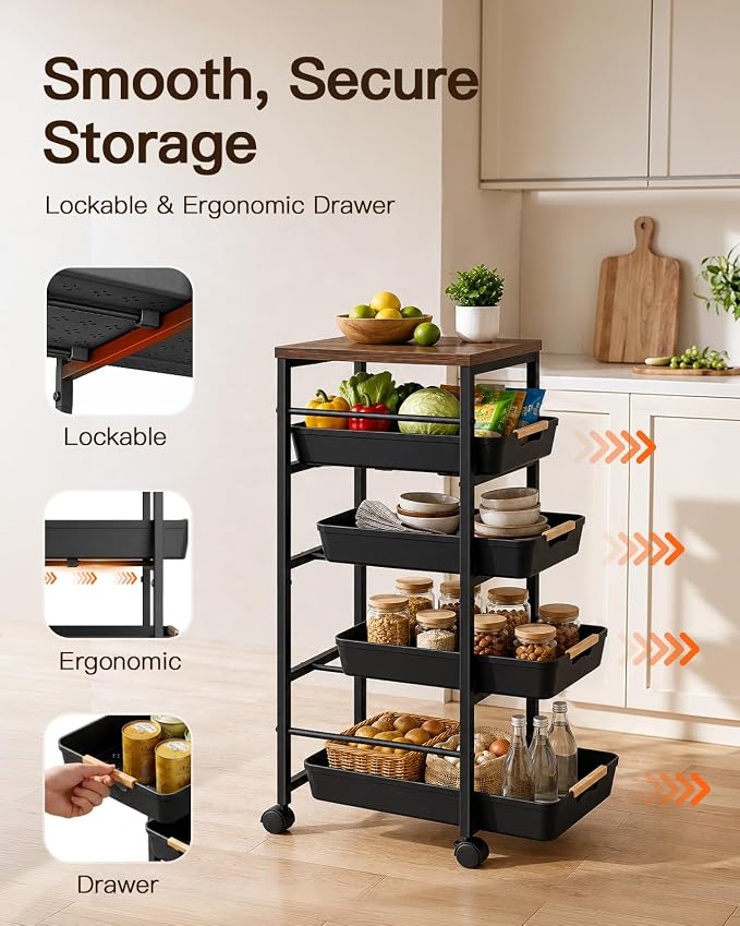 Pipishell Rolling Storage Cart with Drawers & Lockable Wheels, 5 Tier Kitchen Cart with Safety Stops & Vented Design, Wood Top, Pull-Out Utility Cart for Kitchen, Home Office, Bedside, Black