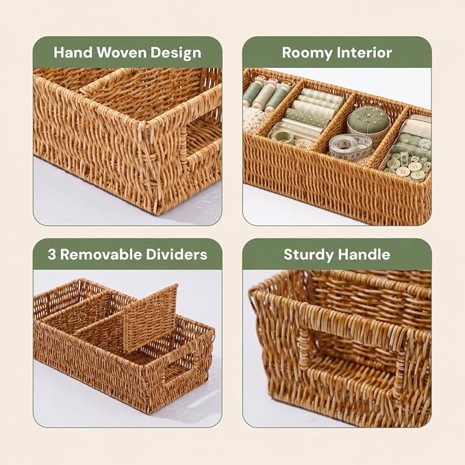 Nature-Inspired Rattan Pantry Organizer Baskets Set of 2 with 3 Removable Dividers – Handwoven Storage Bins for Kitchen or Bathroom Organization, Ideal for Snacks, Coffee & Tea (13” x 7.3” x 3.7”)