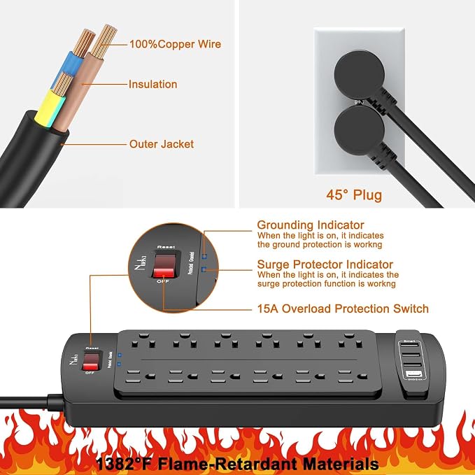 Surge Protector Power Strip, Nuetsa 12 Outlets and 4 USB Ports, 6 Feet Extension Cord for Home, Office, Dorm Essentials, 2700 Joules, ETL Listed, Black