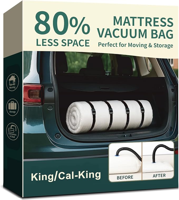 Memory Foam Mattress Vacuum Bag for Moving and Storage – Heavy Duty Compression Bag with Straps, Vacuum Bag for Memory Foam Mattress (King/Cal King, 4 Straps)
