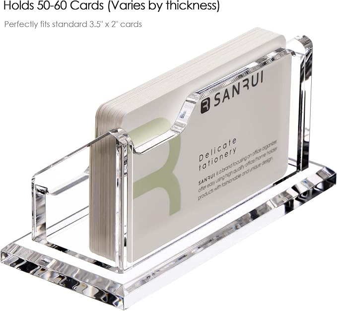 SANRUI 2 Pack Acrylic Business Card Holders for Desk, Premium 5mm Thick Clear Card Display Stand, Professional Horizontal Desktop Card Organizer for Office & Reception, Holds Up to 60 Cards