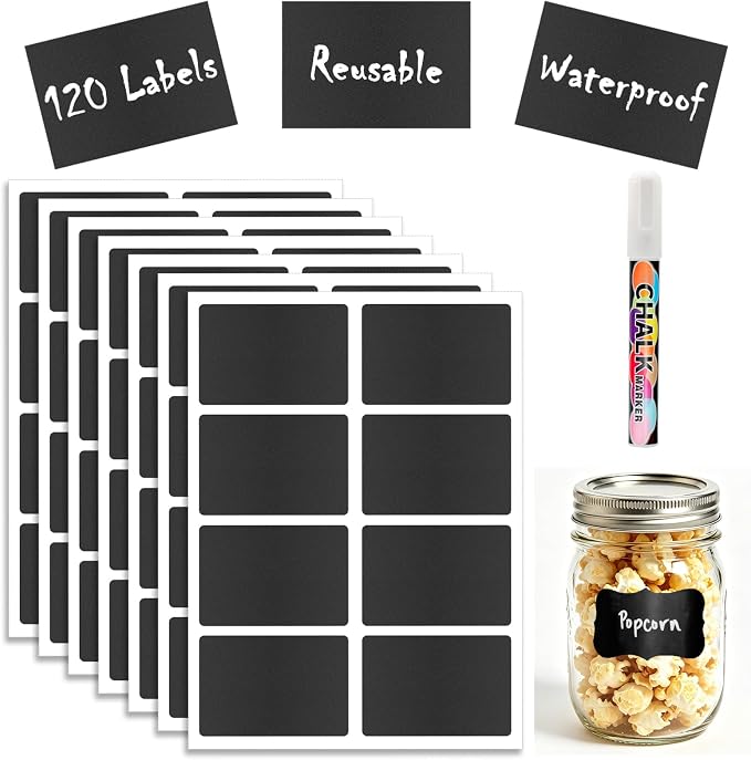 120 Pcs Chalkboard Labels - Removable Chalkboard Stickers for Jars, Pantry & Storage Bins, Glass Bottles & Food Labels - Includes 1 Chalk Marker Pen
