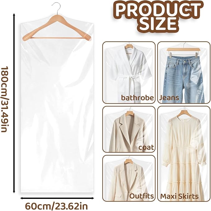 10Pcs Clear Plastic Garment Bag 71 Inch Dry Cleaner Hanging Clothes Cover | Long waterproof garment bags for travel moving storage. Plastic protective cover for dresses gowns suits dance costumes.