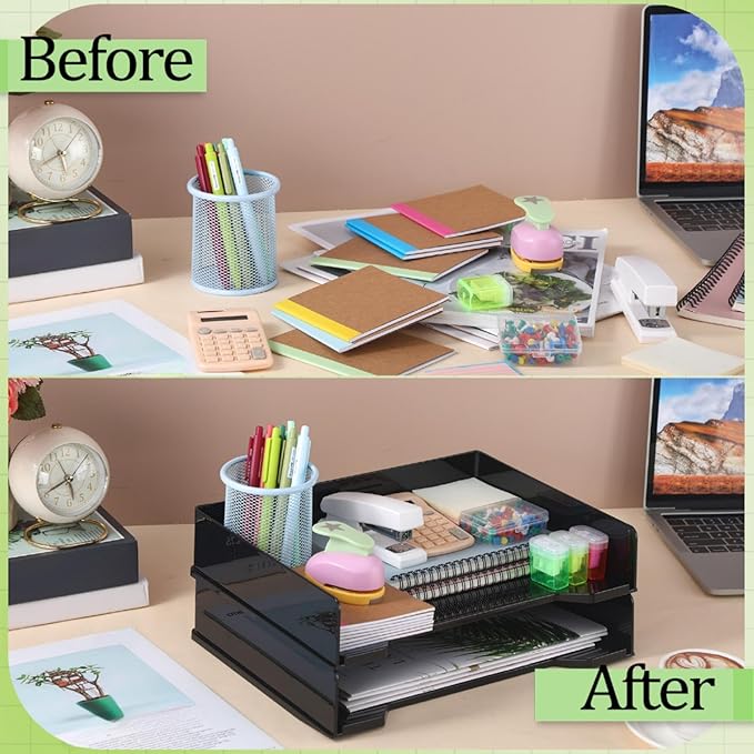 DoubleFill 2 Pcs Stackable Letter Tray Rectangular Plastic Desk Organizer 13 x 9.5 x 2.6 in Paper Holder File Tray Accessories Rack for Desktop Office Desk Drawers (Black)