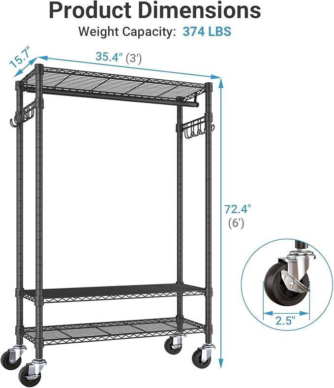 VIPEK R3 Heavy Duty Garment Rack with Lockable Wheels, Portable Rolling Closet with Adjustable Shelves & Hanging Rod & Side Hooks, Compact Space-Saving Storage for Small Apartments/Dorms (Black)