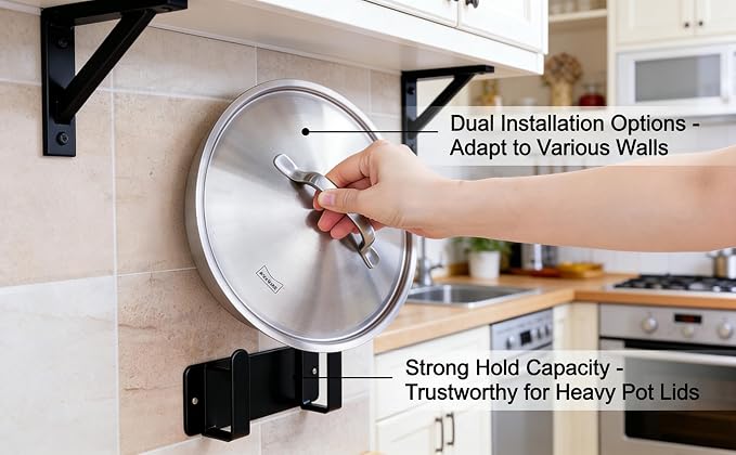 Black Stainless Steel Cutting Board & Pot Lid Organizer | Black rack mount under cabinet or wall; dual install kits, storage for cutting boards, pot lids and bathroom scale